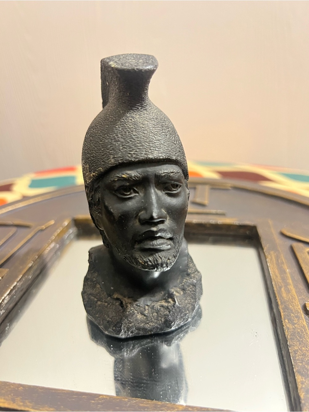 Vintage Black Lava Warrior Head Sculpture Decorative Accent
